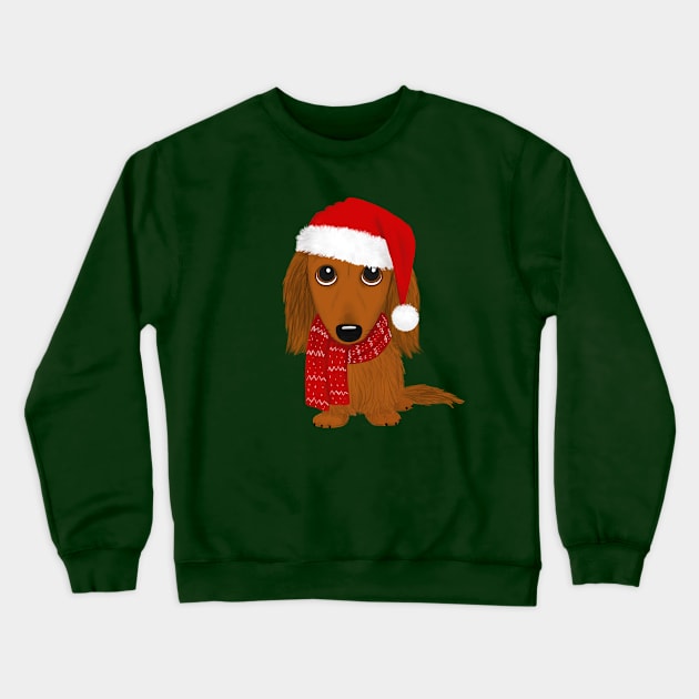 Longhaired Dachshund with Santa Hat Cute Christmas Wiener Dog Crewneck Sweatshirt by Coffee Squirrel